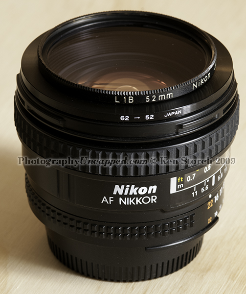 62mm to 52mm Step-Down Filter Ring Adapter on a Nikon 20mm 2.8 AF-D Lens Which Takes 62mm Filters Without the Step-Down Adapter 62mm to 52mm Step-Down Filter Ring Adapter on a Nikon 20mm 2.8 AF-D Lens Which Takes 62mm Filters