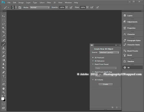 CS6 Photoshop Create New 3D Object Panel Flyout - PhotographyUNcapped.com